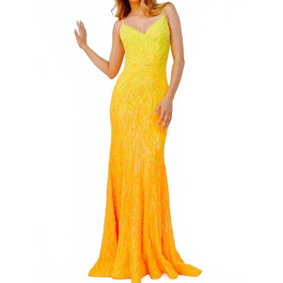 NEW JOVANI v neck sequin prom dress in yellow/orange